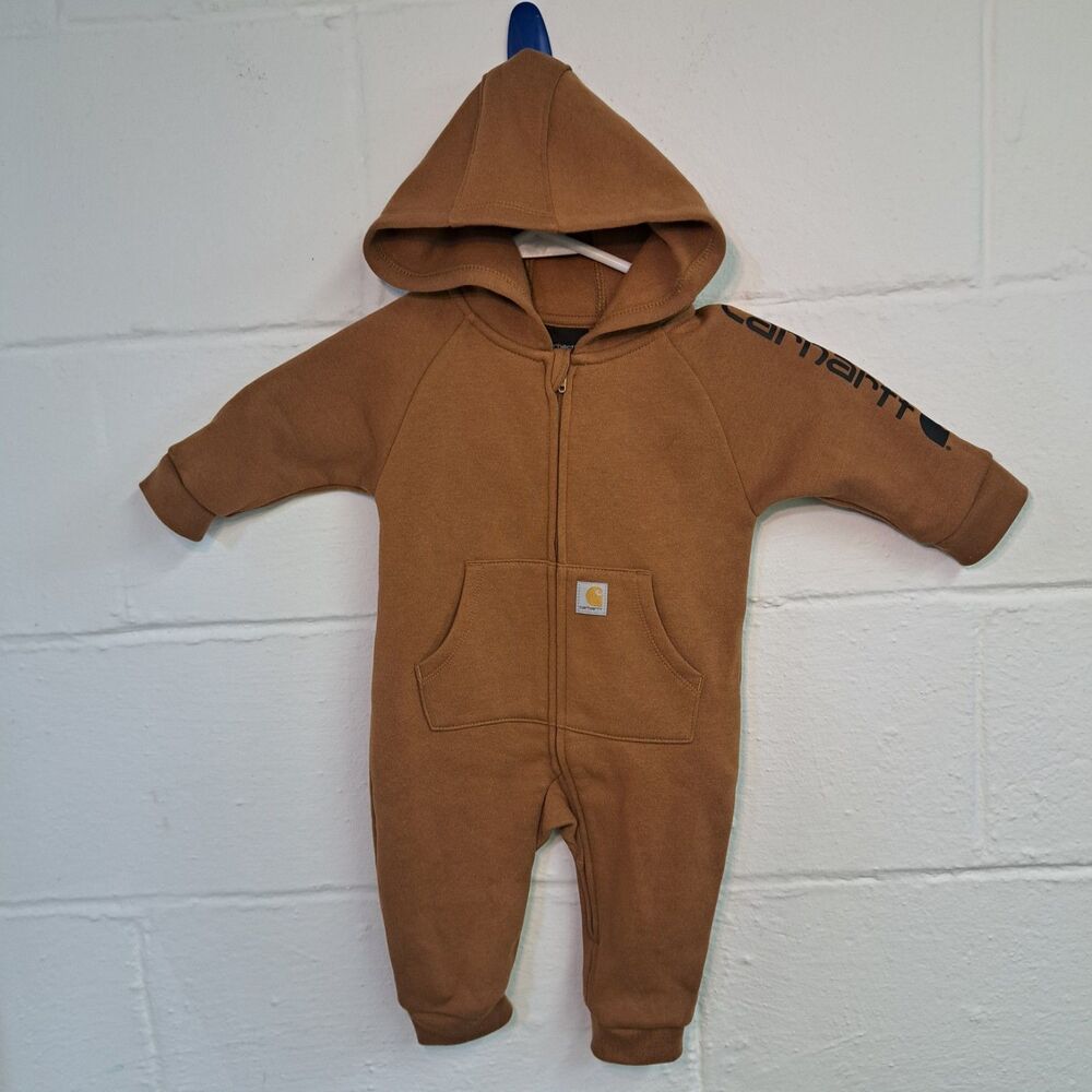 Carhartt Hooded One Piece Coverall Baby Unisex Kangaroo Pocket Size 3 Months Tan